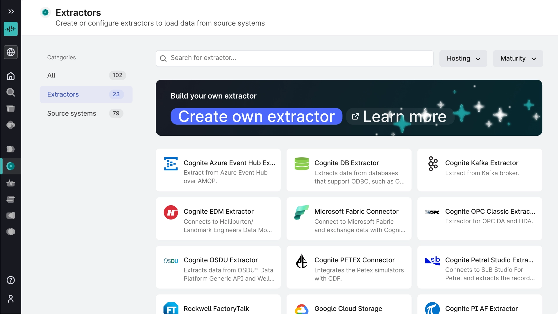 Screenshot of the CDF Extractors page listing over 100 extractors and source systems such as Azure Event Hub, DB, Kafka, OPC Classic, Microsoft Fabric, OSDU, PI AF, Rockwell FactoryTalk